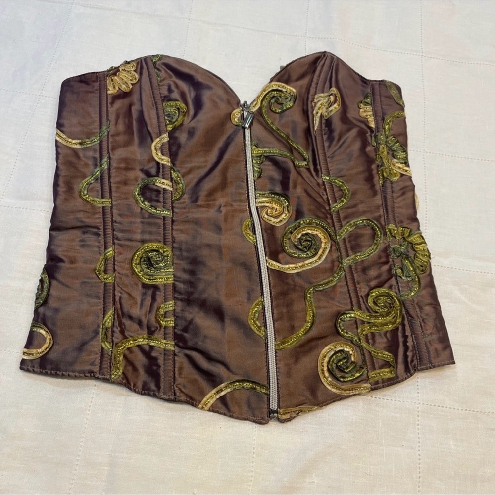Brown and Green Embroidered Corset Top